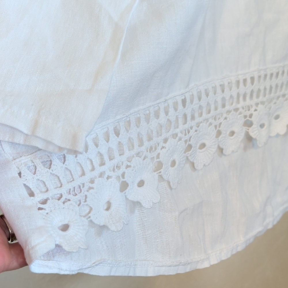 Made In Italy White Linen Blouse Crochet Trim Hi Lo Hem Cottagecore Peasant - Picture 6 of 9
